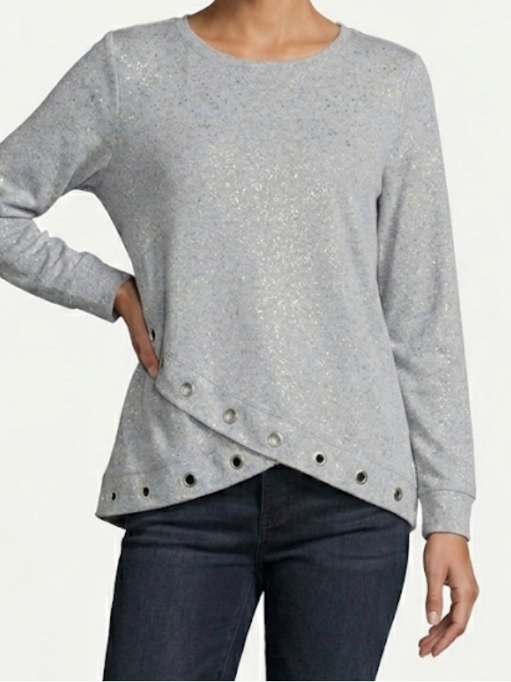 Ruby Rd. Light Gray Metallic Grommet Hem Long Sleeve Top XL